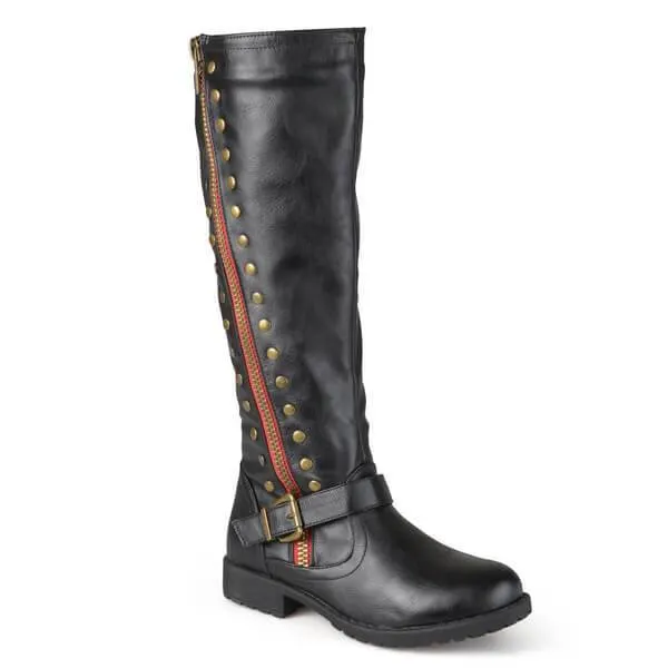 VCSHOES Low Heel Buckle Rivets Knee High Boots