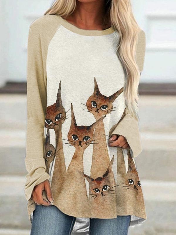 Cute Cat Printed Contrasting Colors Sleeve Casual Tee