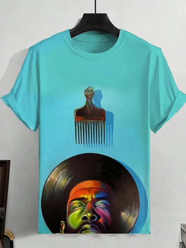 Men's Black Music Record Graphic Print Juneteenth Casual T-Shirt
