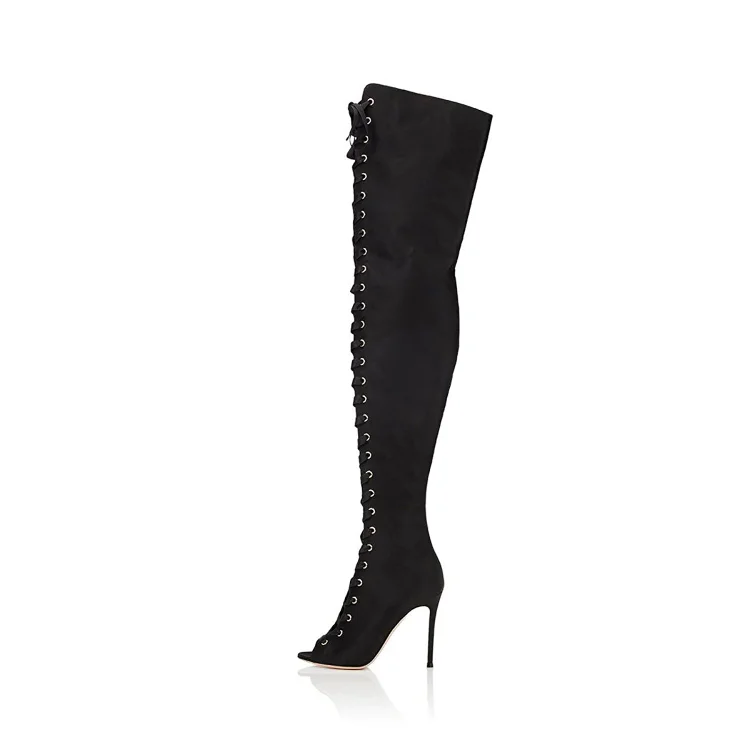 Black Satin Lace up Stiletto Heel Thigh High Boots Vdcoo