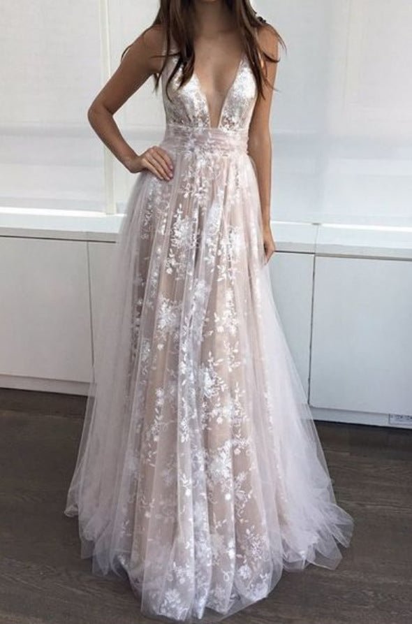 Champagne V-neck Tulle Long Dress - Life is Beautiful for You - SheChoic