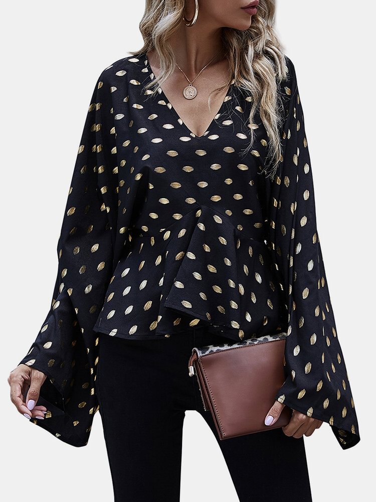 Long Sleeve Polka Dot Print V neck Casual Blouse For Women P1732290
