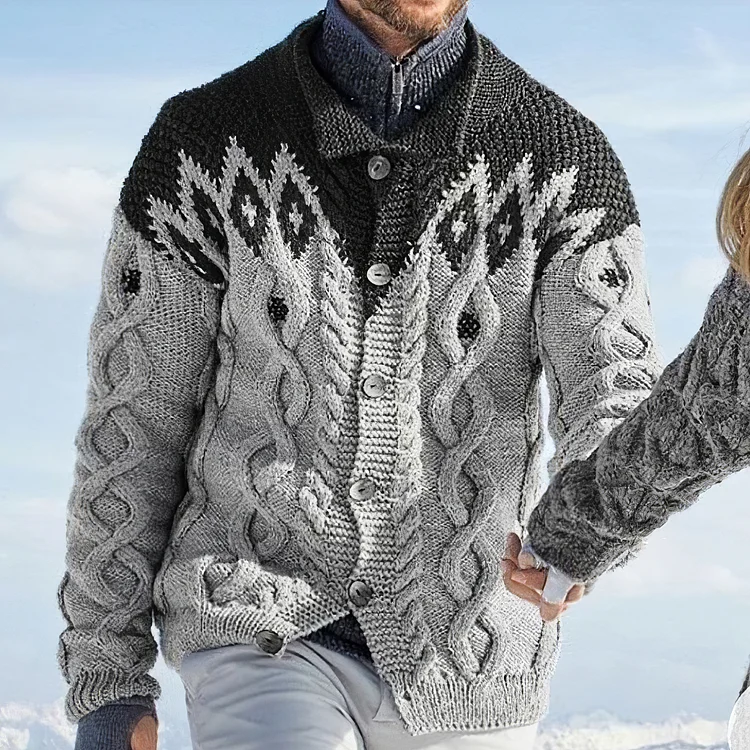 Men's Warm Contrast Diamond Button Aran Sweater
