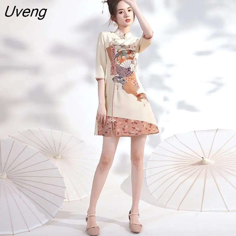 Uveng Women Dresses Vintage Printed Stand Collar Chinese Style Spring Reformed Designs Mini Dress Retro Qipao Female Newest Vestido