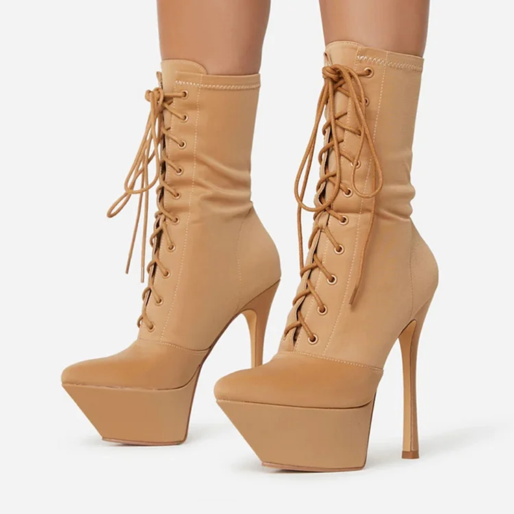 Khaki Pointed Toe Mid-Calf Platform Lace Up Boots with Stiletto Heels |FSJ Shoes