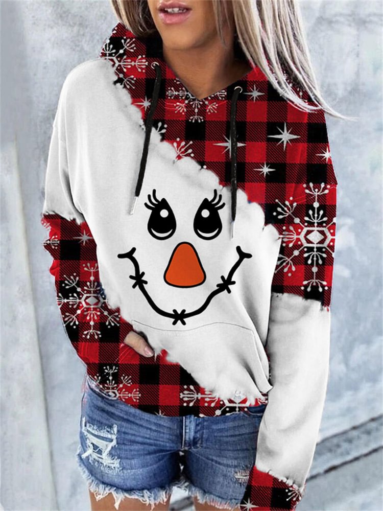 Comstylish Christmas Cute Face Plaid Hoodie