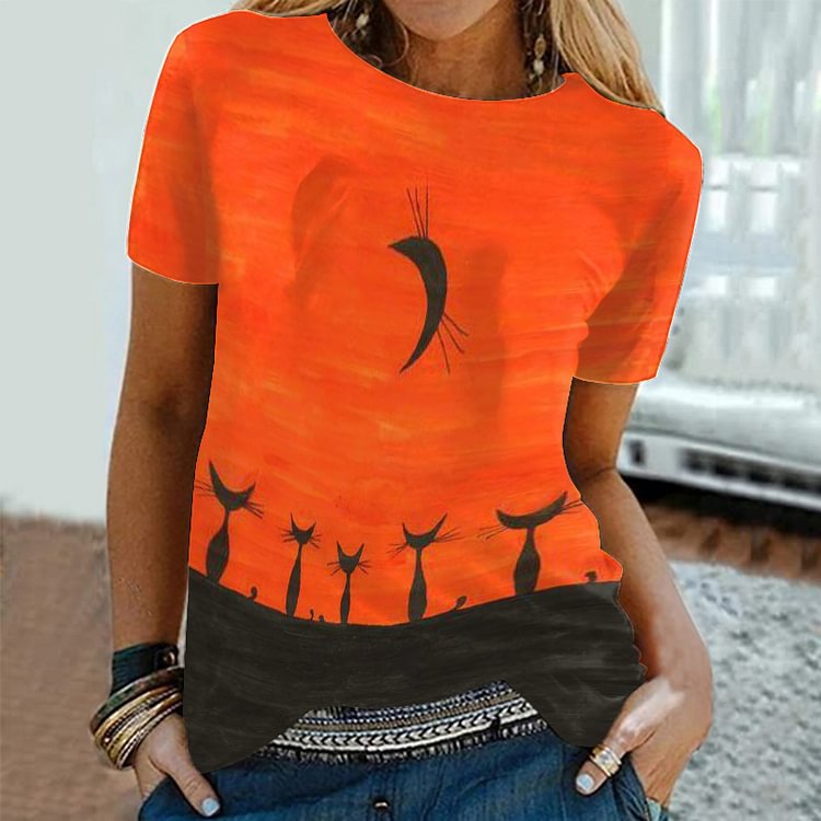 Casual Cat Print Short Sleeve T-Shirt