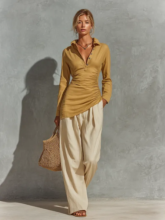 Women’s Mustard Linen Collar Half Button Side Ruched Asymmetrical Hem Long Sleeve Top & Beige High Waist Pocket Wide Leg Pants Two Piece Matching Set MD