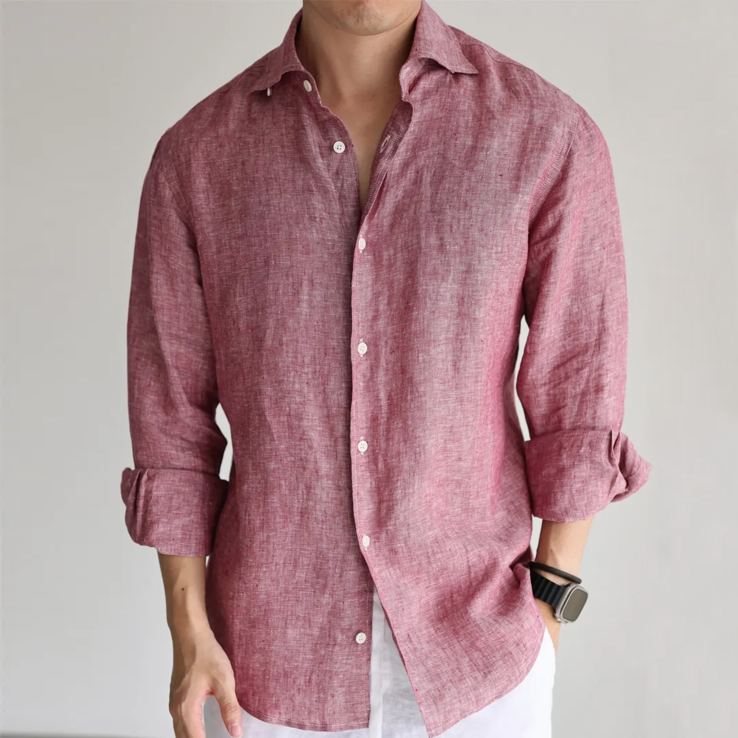 100% European Linen Shirt Yarn-Dyed Long Sleeve for Men REAL SILK LIFE