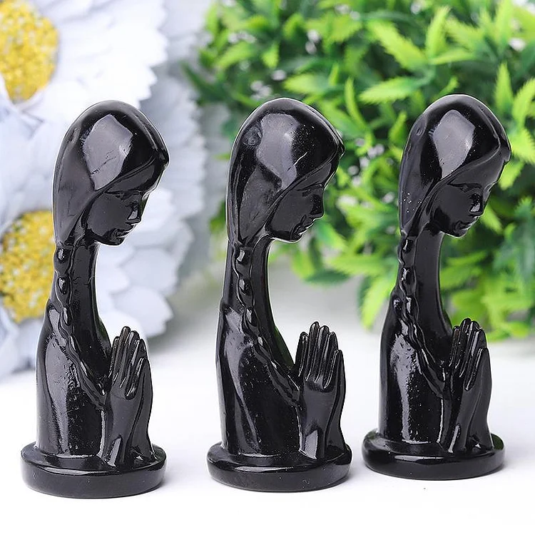 3" Black Obsidian Pray Woman Crystal Carvings Model Bulk