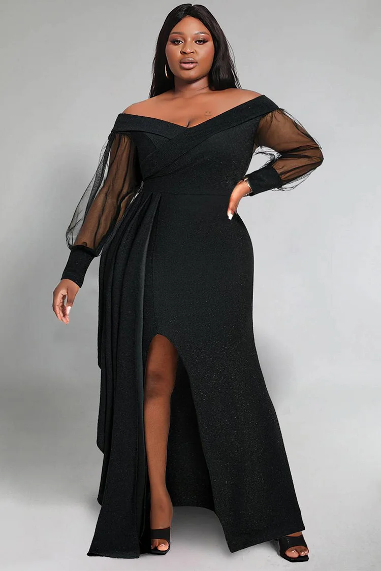 Plus Size Evening Maxi Dresses Elegant Black Fall Winter Off The Shoulder Long Sleeve See Through Knitted Maxi Dresses [Pre-Order]