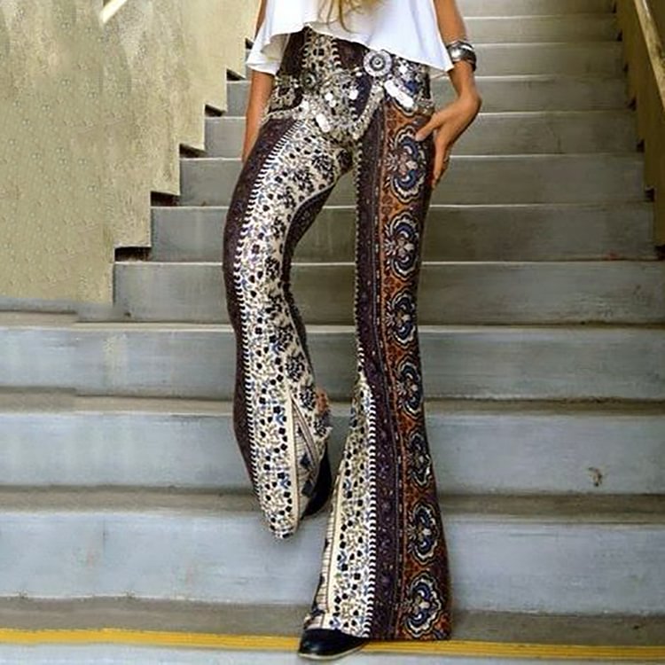 Vintage Print Western Stretch Flare Pants