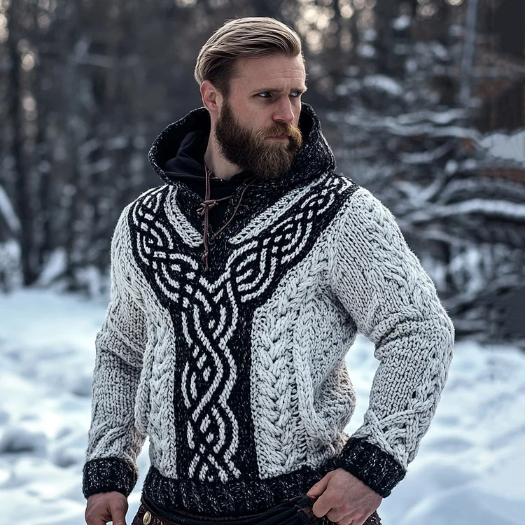 Men's Viking Tribal Jacquard Celtic Cozy Knit Hooded Sweater