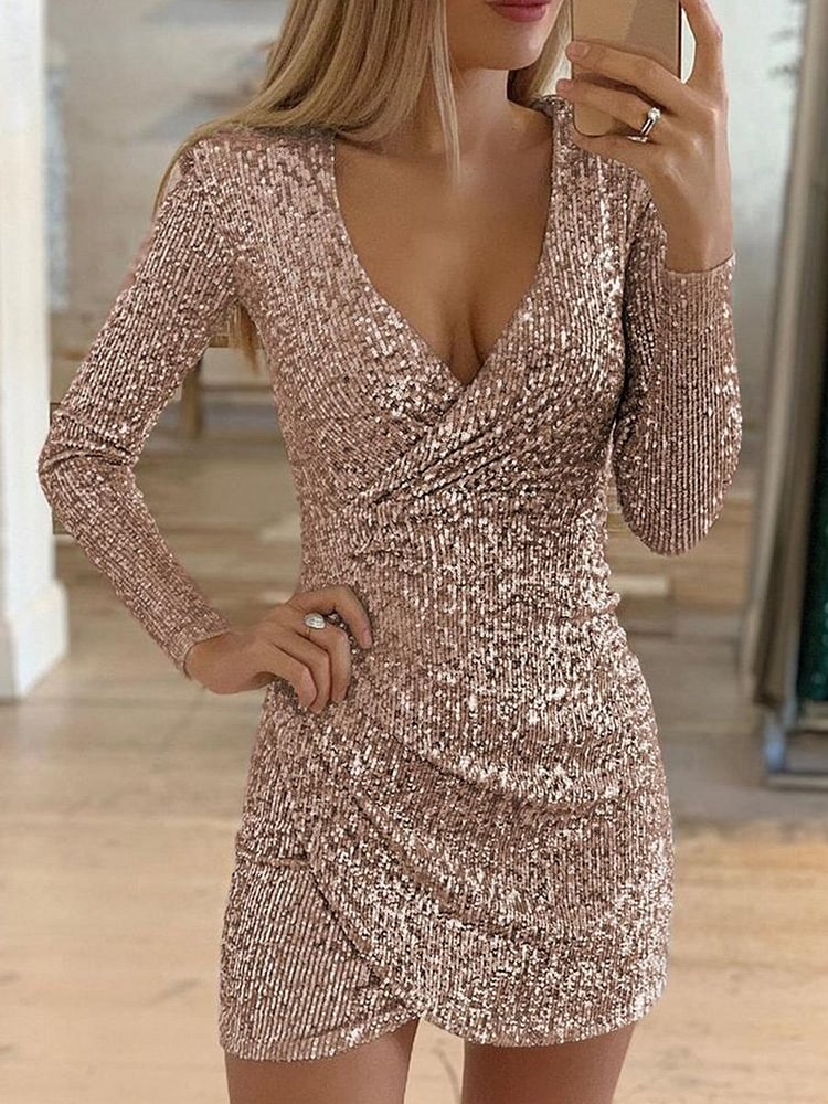 Surplice Wrap Ruched Sequins Bodycon Dress P15727
