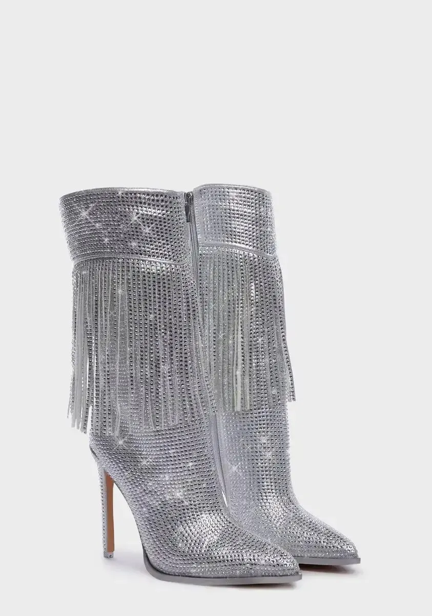 VCSHOES Luxcury Women Shoes Crystal Fringe Stiletto Boots Pointed Toe Silver Mid Calf Boots Women Boots Party Shoes 44