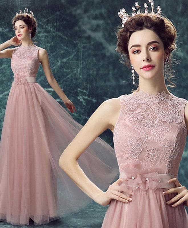 Pink Tulle Lace Long A Line Prom Dress, Lace Evening Dress