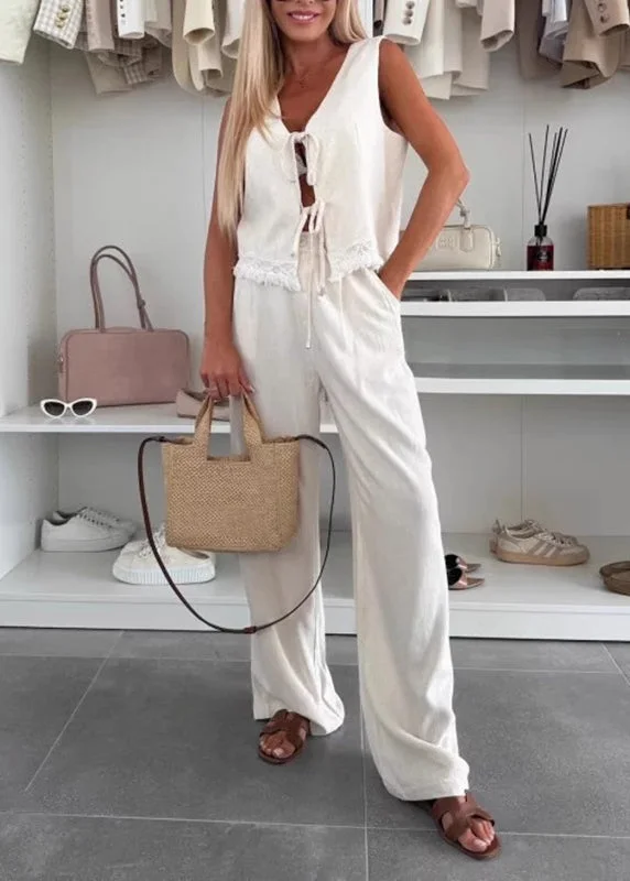 Women White Lace Patchwork Tie Waist Linen Vest And Wide Leg Pants Two Pieces Set Summer