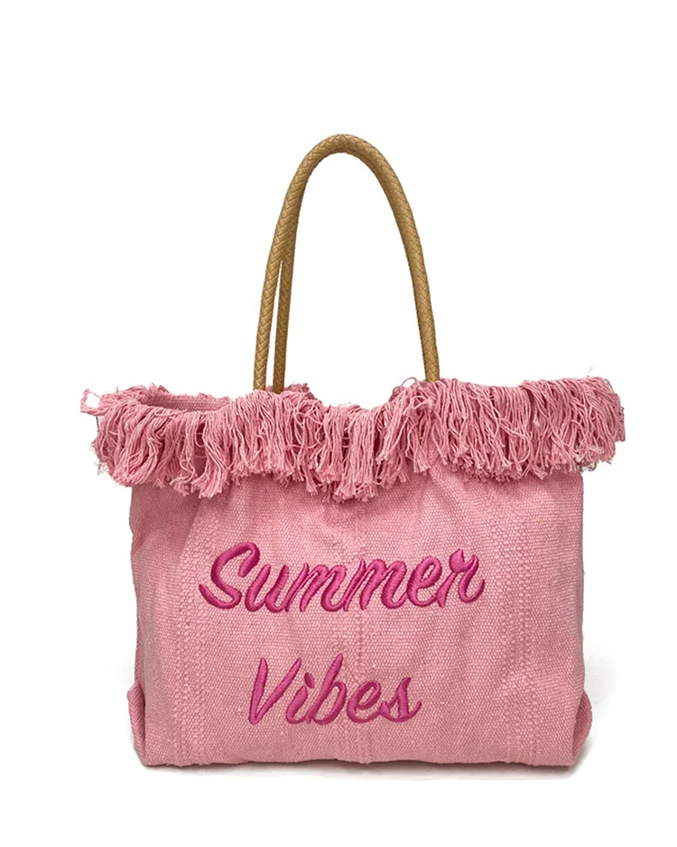 Fringed Woven Embroidered Beach Bag
