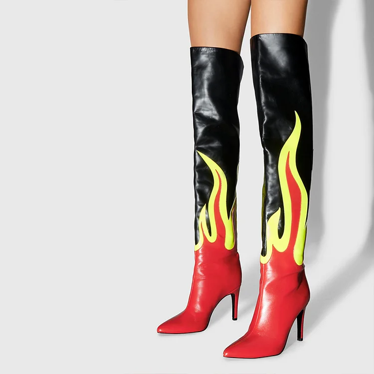Red Flame Black Stiletto Pointed Toe Over-The-Knee Heel Boots Vdcoo