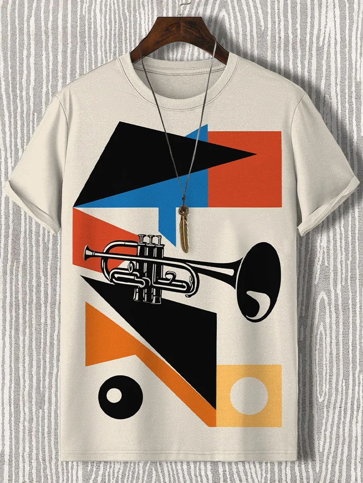 Men's Retro Trumpet Color Block Abstract Art Print T-Shirt