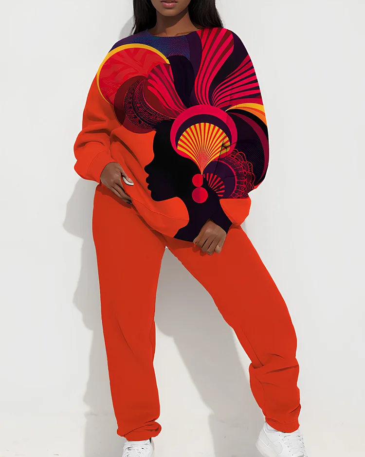 Women's Black Woman Chic Art Print Sweatshirt Casual Pants Matching Set