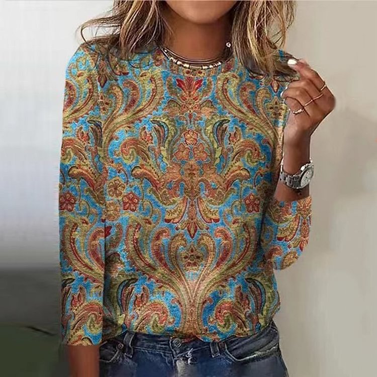 VChics Women's Ethnic Print Long Sleeve Pullover T-Shirt