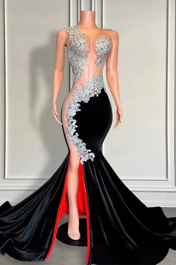 Dresseswow Velvet Black Mermaid Evening Dress Sleeveless Long With Appliques Beads
