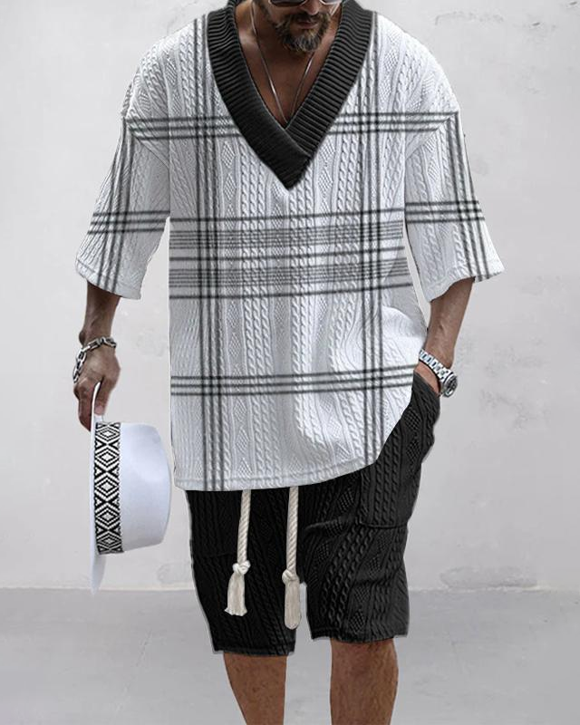 Men's V-neck luxury textured print shorts Set 032