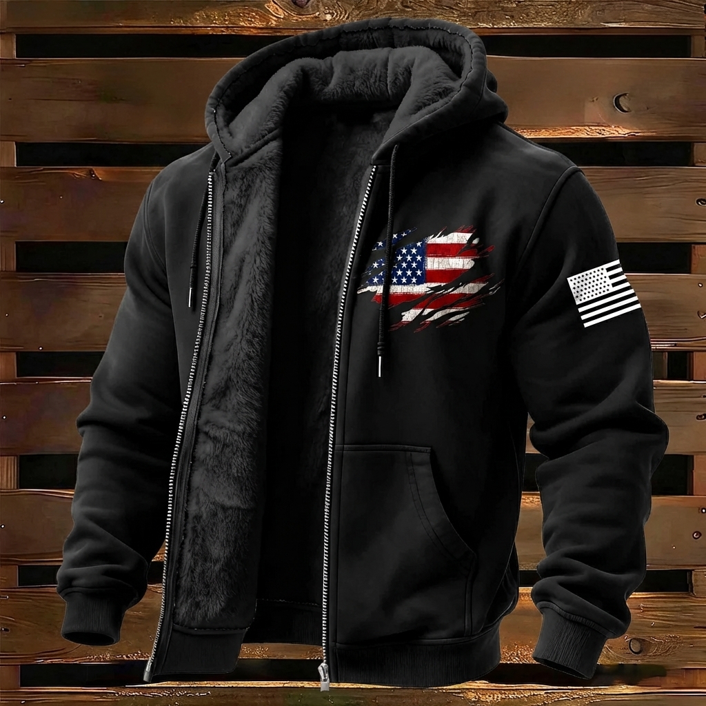 Men's Vintage American Flag Patriotic Fleece Pocket Full Zip Long Sleeve Hoodie Jacket