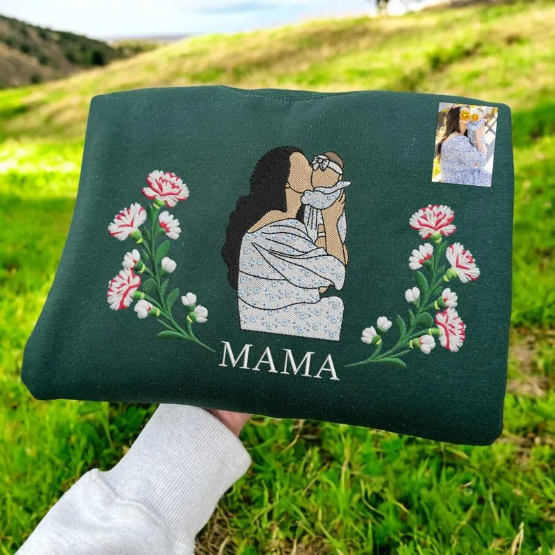 Personalized Mama Portrait Embroidered Sweatshirt With Birth Flowers