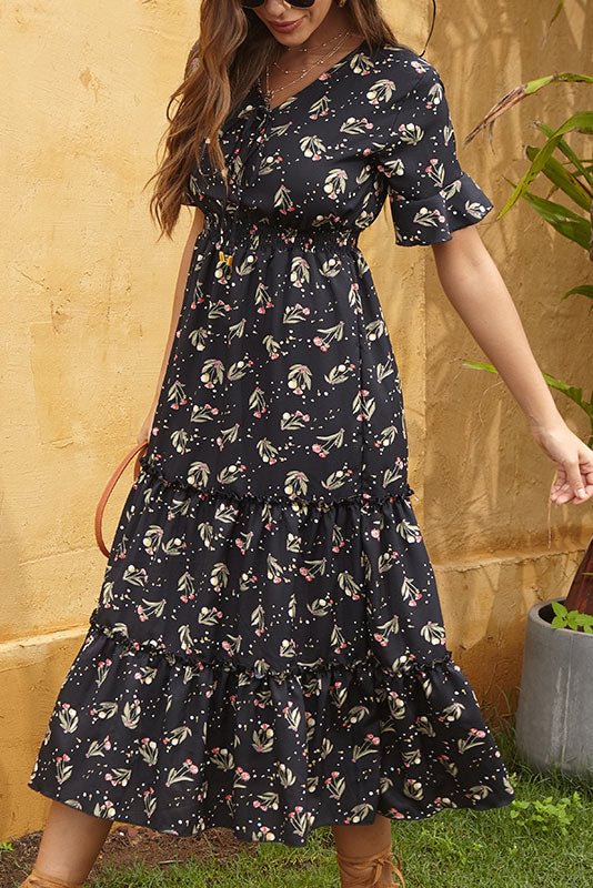Vintage Printed Frilled Waist Long Dress - Shop Trendy Women's Clothing | LoverChic