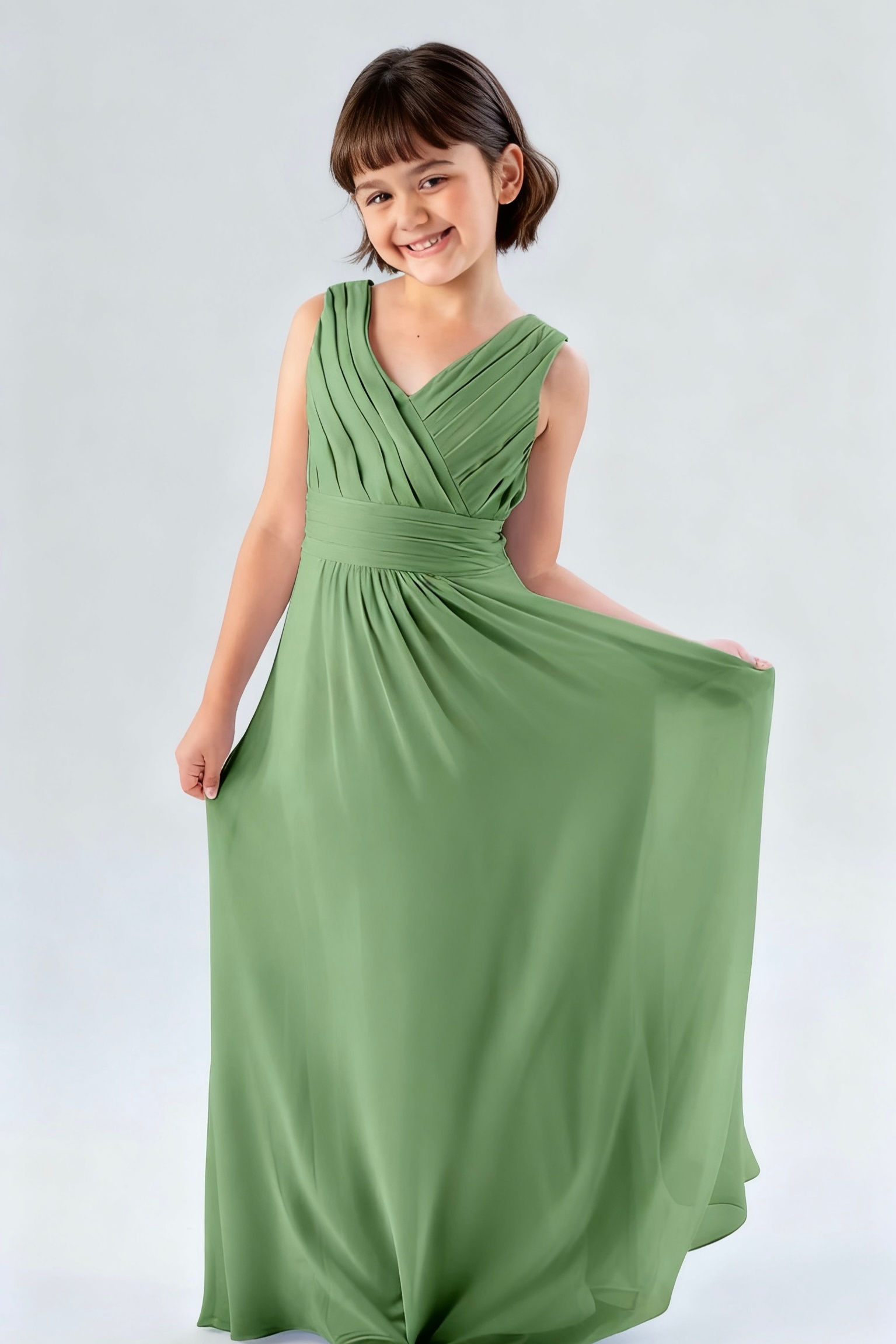 Daisda Green Sleeveless V Neck Pleated Long Junior Bridesmaid Dress