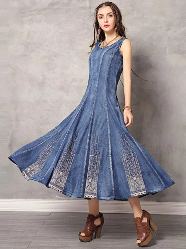 2019 Summer New Vintage Embroidery Denim Dress