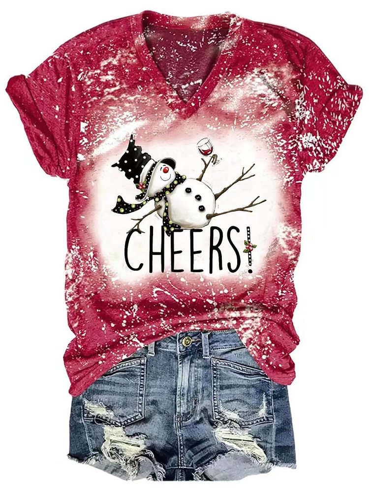 Women Cheers Christmas Drunk Snowman Print T-Shirt socialshop