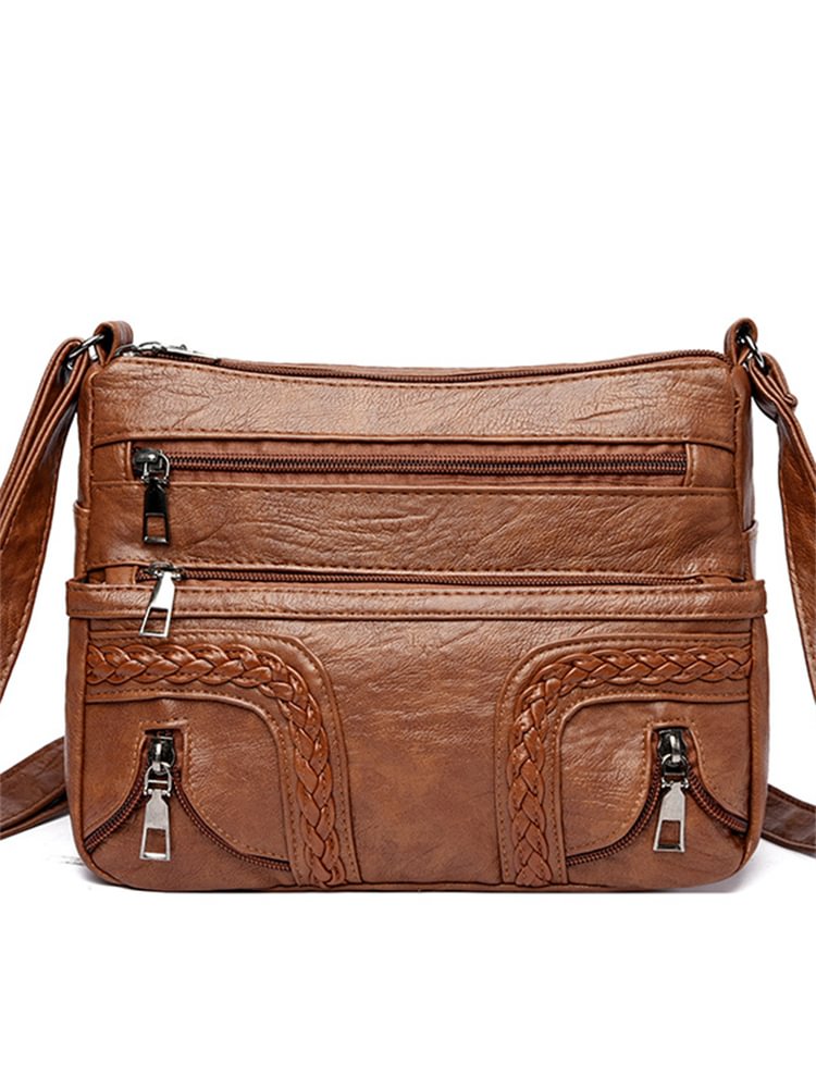 Comstylish Braid & Zipper Details Washed Leather Bag