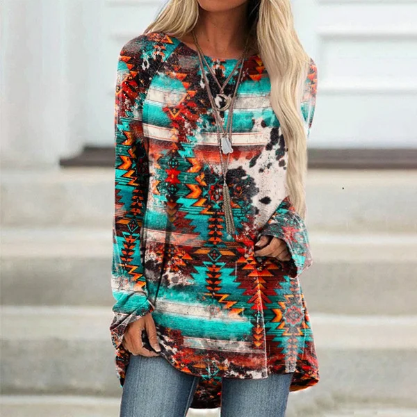 Vefave Vintage Western Print Crew Neck Long Sleeve Tunic