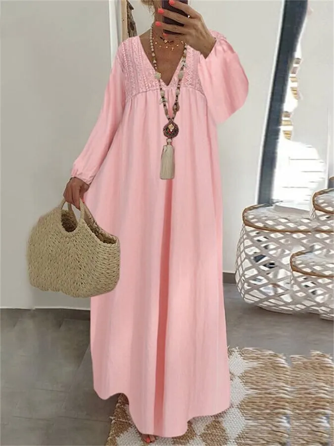 Casual Lace Patchwork Long Sleeved Loose Maxi Dress