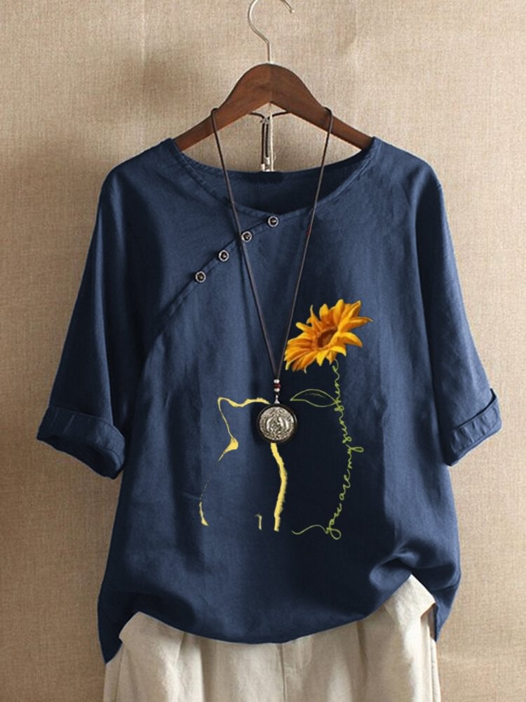 Cat Floral Printed Button O Neck Short Sleeve T shirt P1695459