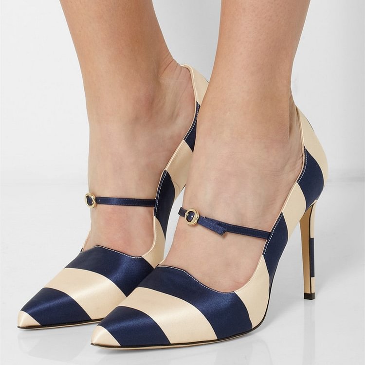 Navy and Beige Stripes Office Heels Stiletto Heel Pumps |FSJ Shoes