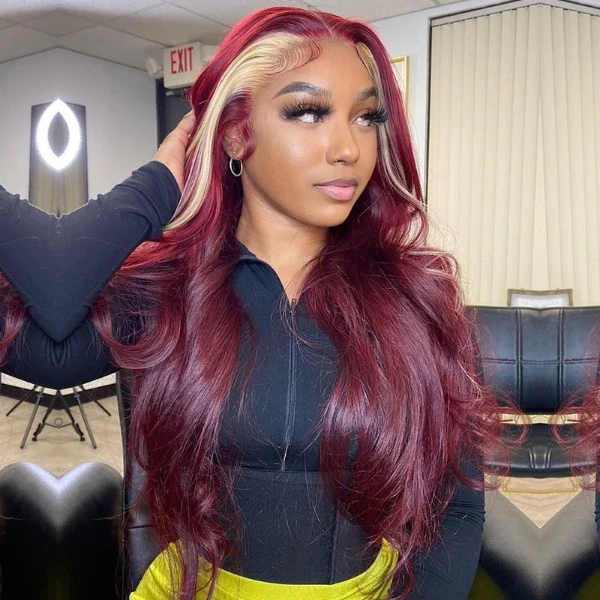 Red Wine and Blonde Skunk Stripe Color Virgin Human Hair Lace Front Wig