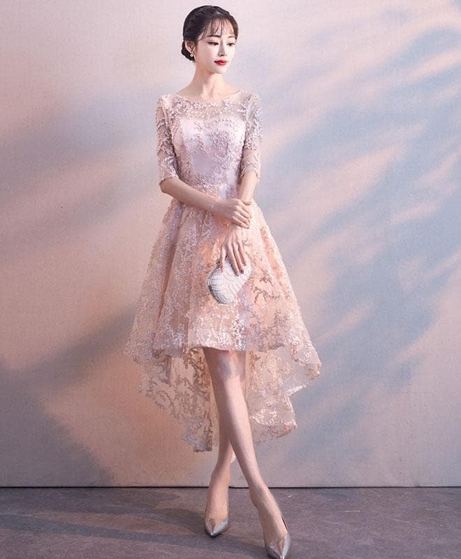 Pink Round Neck Lace Short Prom Dress, Pink Homecoming Dress