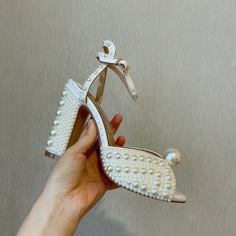 TAAFO Pearl Platform Sandals Women Open Toe Rhinestone Diamond Square High Heels Wedding Shoes
