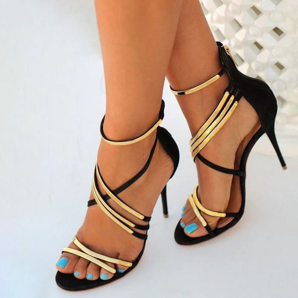 Trendy Black & Gold Open Toe Strappy High Heels Sandals for Prom|FSJshoes