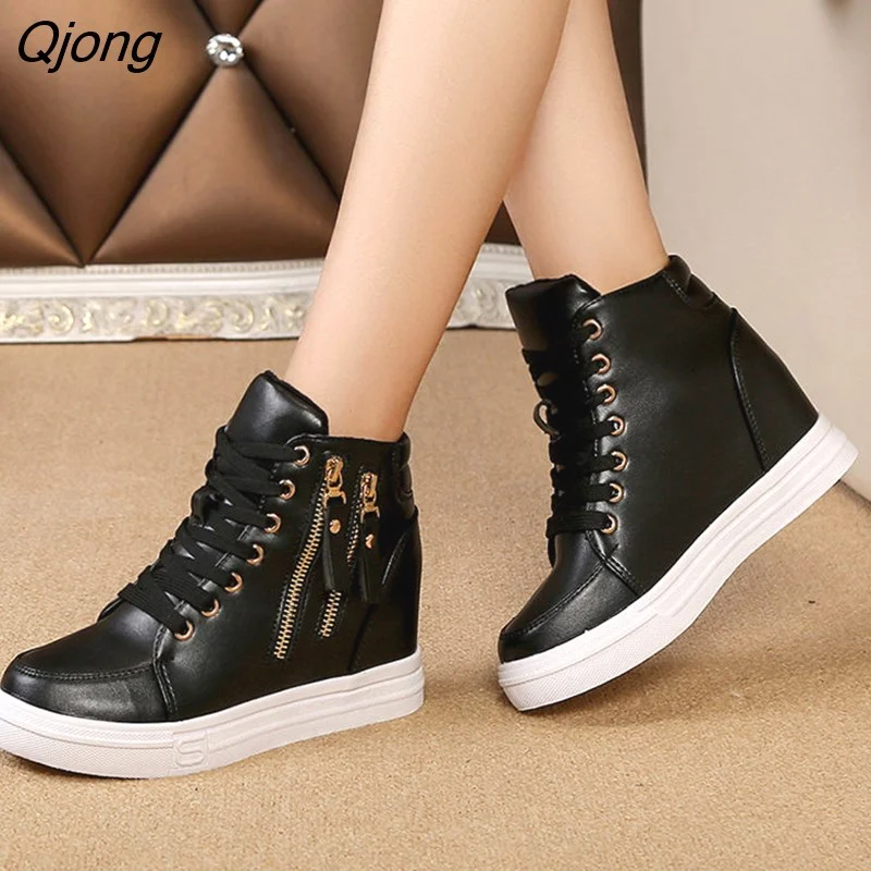 Qjong Women Wedge Sneakers Side Zipper PU Leather Casual Shoes Sequins Thick Bottom White Shoe Women's Internal Heighten Flat Sneaker