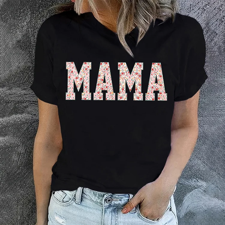 Comstylish Stylish Floral MAMA Print Crew Neck Cozy T-Shirt