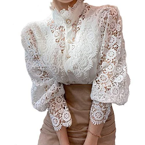Women's Solid Color Stand Collar Hollow Lace Shirt Pearl Button Top