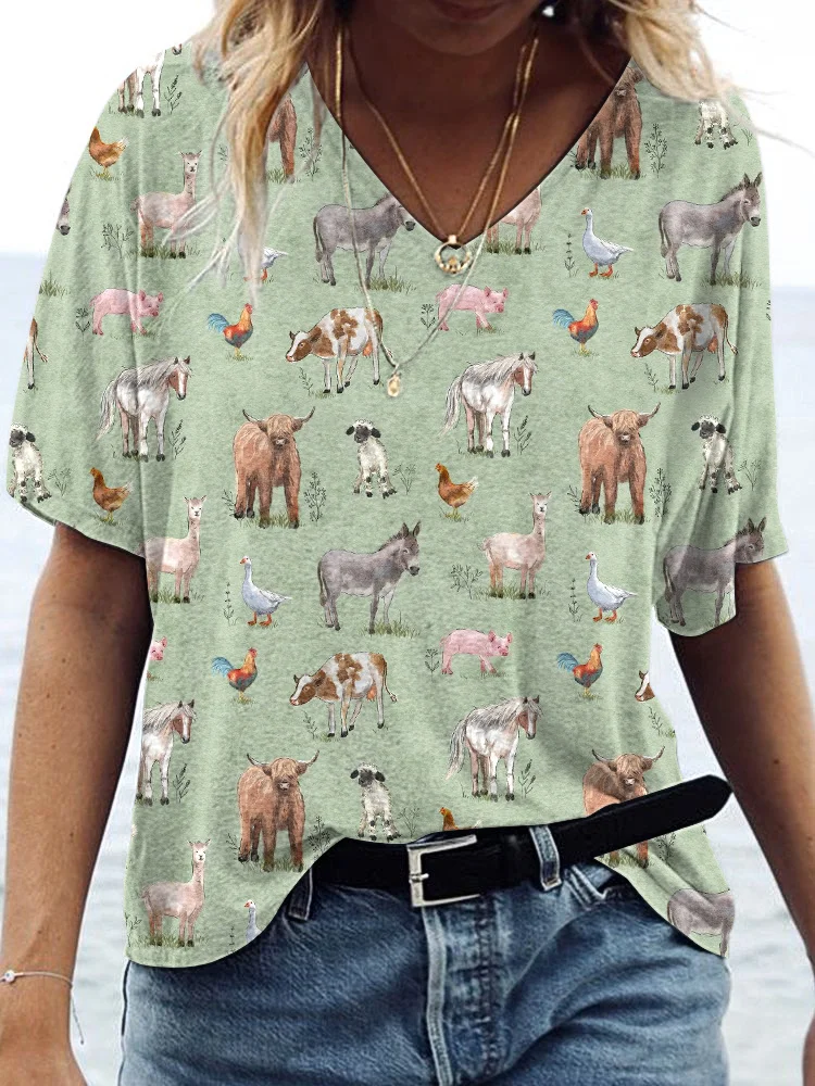 Comstylish Farm Animals Print V-Neck T-Shirt