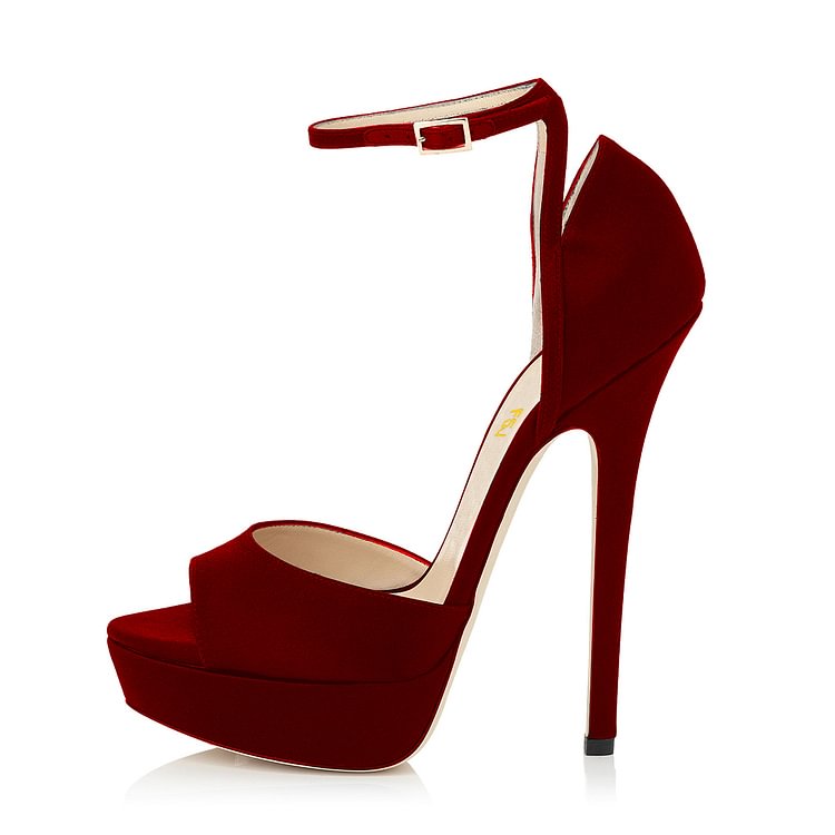 Burgundy Heels Peep Toe Ankle Strap Suede Stiletto Heel Office Sandals |FSJ Shoes
