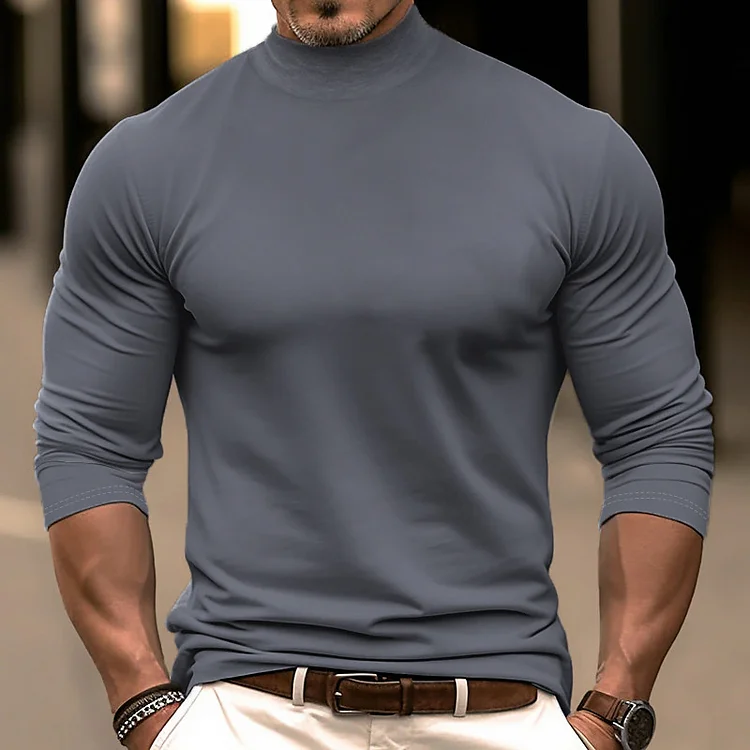 Men's Solid Color Mock Neck Casual Long Sleeve T-Shirt