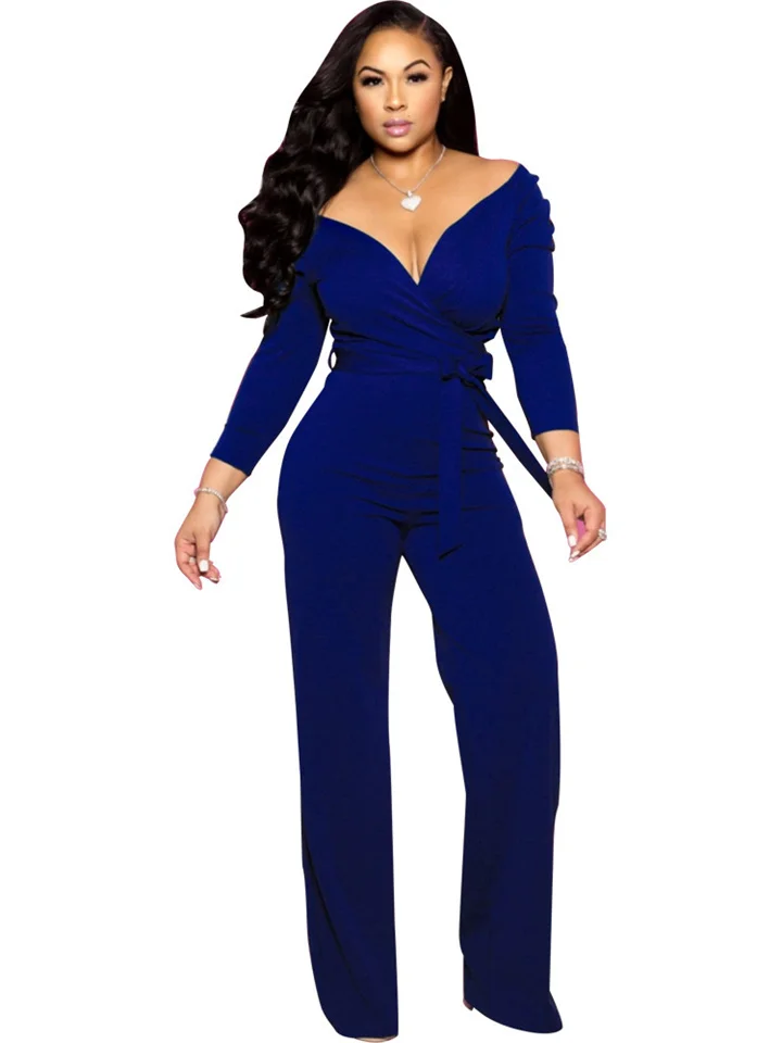 Women's Jumpsuit High Waist Solid Color V Neck Streetwear Daily Vacation Regular Fit Long Sleeve Black Blue S M L Spring-Cosfine